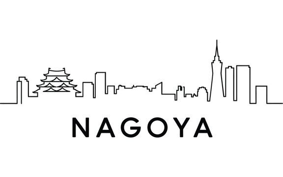 A minimalist line drawing of nagoya s skyline with the city s name below