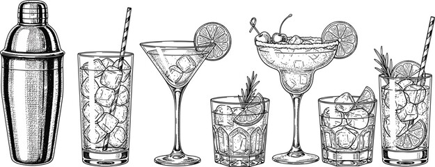 Vintage engraved cocktail set illustration featuring shaker, martini, margarita and whiskey glasses with ice and citrus garnish isolated on white background