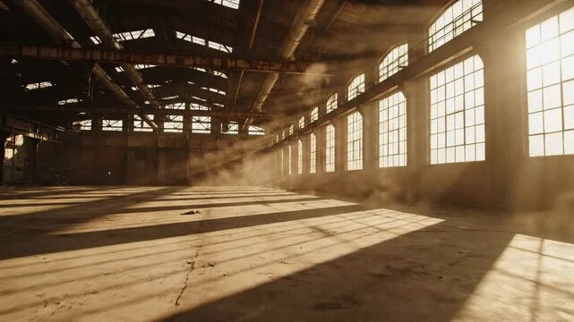 Dust Motes Dance in Sunbeams Through Abandoned Industrial Warehouse Windows