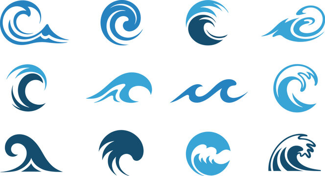 A collection of blue wave logos on a white background