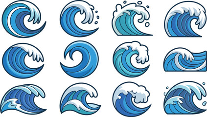 Obraz premium A collection of cartoon ocean wave icons in various shades of blue