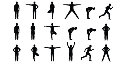 Collection Of Black Human Silhouettes In Various Poses And Actions Keywords: human, silhouette, pose, action, collection, group