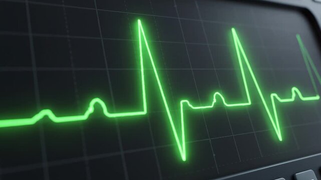 "Digital ECG monitor with green waveform on black grid screen showing normal heart rhythm"