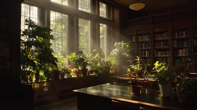 Blurred view of a modern home library with dark wooden bookshelves filled with books and green plants.