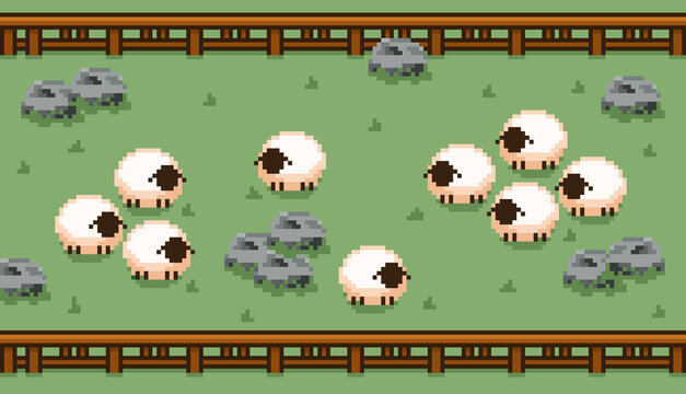 Pixel art illustration of a sheep farm. Cute white sheep grazing on a green meadow with rocks and wooden fences. Perfect for farming simulators, educational games, and retro rural environments.