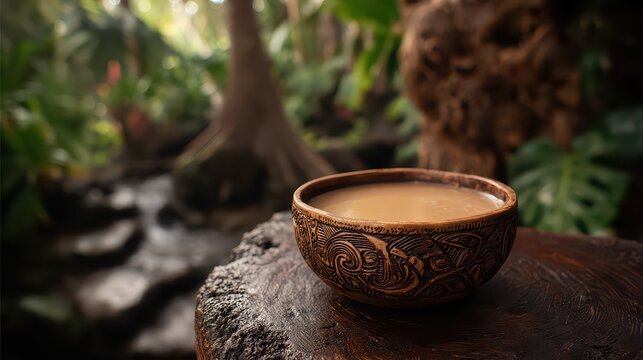 A traditional Samoan kava drink in a carved wooden bowl, natural island setting.