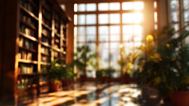 Blurred view of a modern home library with dark wooden bookshelves filled with books and green plants.