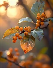 Reife Sanddornbeeren, bedeckt mit Tautropfen, h&auml;ngen an einem Ast. Leuchtend orangefarbene Fr&uuml;chte vor gr&uuml;nem Blattwerk mit weichem Bokeh-Sonnenlicht. 