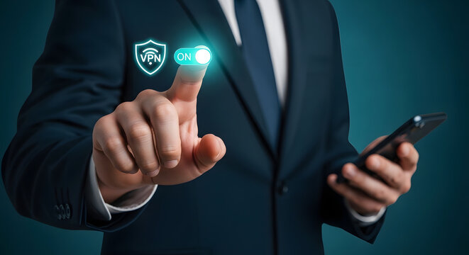 A businessman enables a virtual private network connection, ensuring secure and private online browsing.