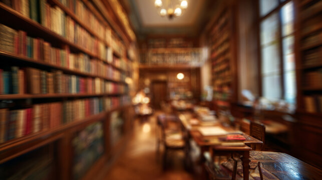 Blurred view of a modern home library with dark wooden bookshelves filled with books and green plants.