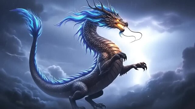 Majestic Blue Dragon Soaring Through a Stormy Sky with Lightning Strikes.