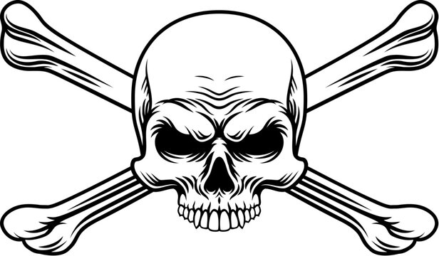 A skull and crossbones pirate crossed bones jolly roger design in a vintage retro woodcut style