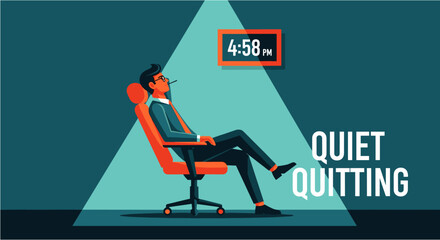 Fototapeta premium A man in an office chair is quietly quitting his job, watching the clock tick towards the end of the workday, symbolizing a shift in work ethic and employee engagement.