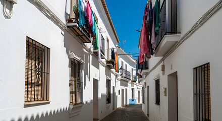Fototapeta premium Narrow whitewashed street in Andalusia with colorful laundry han