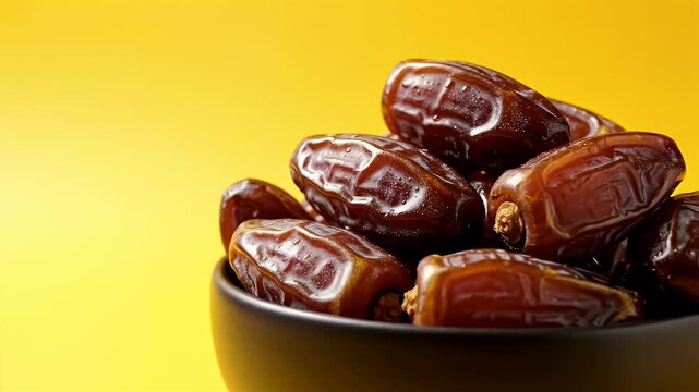 Medjool dates in black bowl on vibrant yellow background