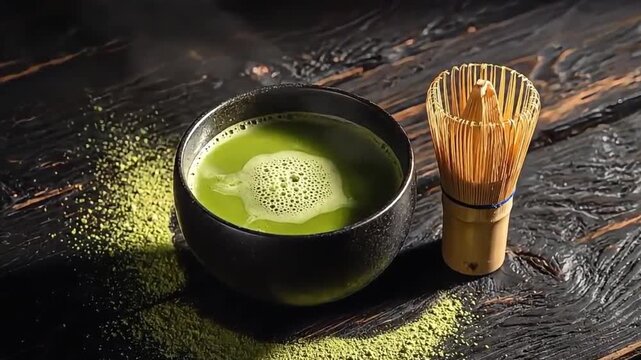 Delicious matcha tea in a dark bowl with bamboo whisk and scattered powder on a wooden table