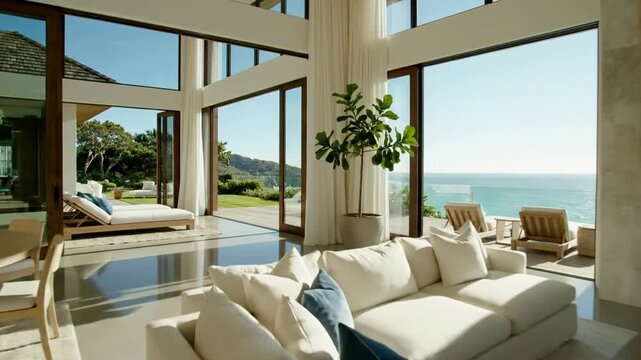Luxury Oceanfront Living Room Revealing Breathtaking Sea View with Modern Decor & Fireplace