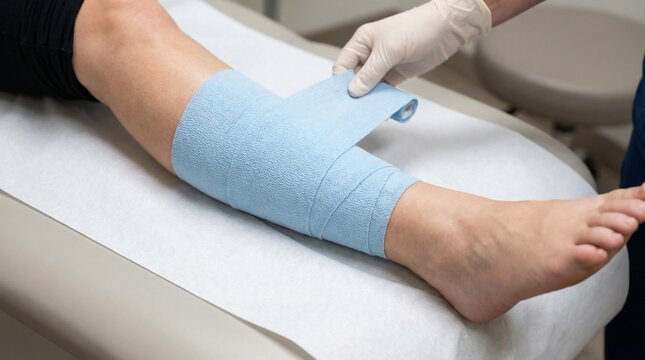 Healthcare professional carefully wrapping a patients lower leg with a blue bandage.