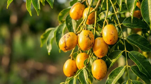 Spondias tuberosa, Brazilian fruit, on a leafy branch at golden sunlight video
