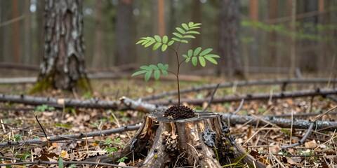 Obraz premium Young sapling grows from an old tree stump in the forest, surrounded by fallen leaves
