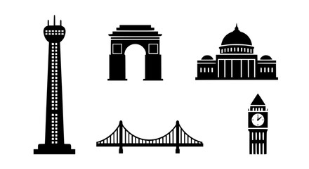 Collection of black silhouette icons representing famous global landmarks including an observation tower, monumental archway, capitol building, suspension bridge, and clock tower.