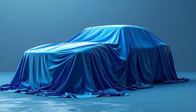A car covered with blue fabric in a studio