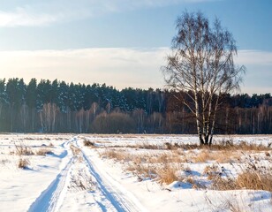 Obraz premium Snowy field with a birch tree, forest backdrop, and tracks under a bright winter sky