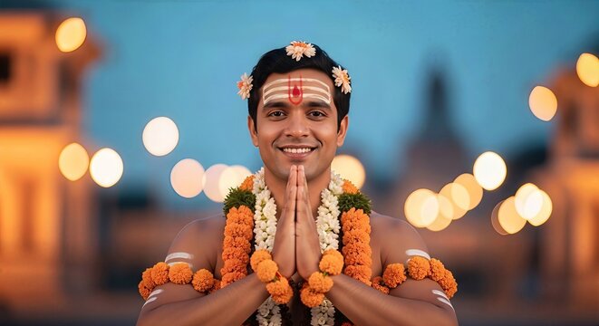 Smiling Indian Hindu Priest Offering Prayer, Varanasi, India
