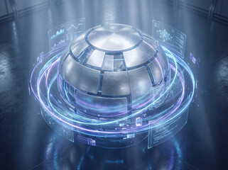High-tech AI data hub sphere with glowing holographic displays, metallic panels, futuristic