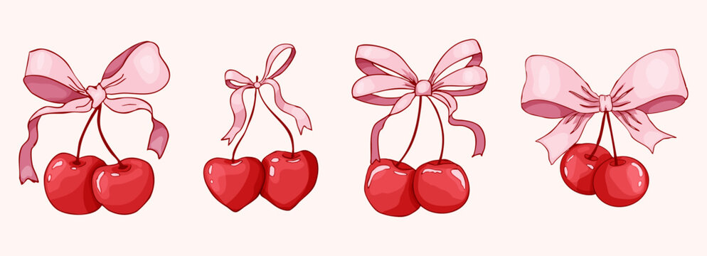 Coquette cherry with bow set. Cute cherries with ribbon. Elegant girly y2k for posters, cards, logo, printing. Aesthetic, trendy pink girly berry crafts bows coquette,