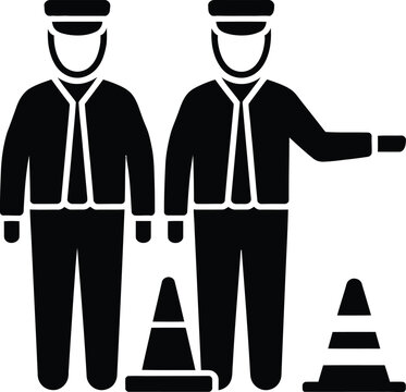 Two workers in uniform directing traffic with cones on a road. Vector