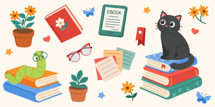 Reading set with black cat on books, ebook reader, plants, glasses and stationery. Comfort, warm atmosphere. For reading posters, library promos, stickers and web banners.