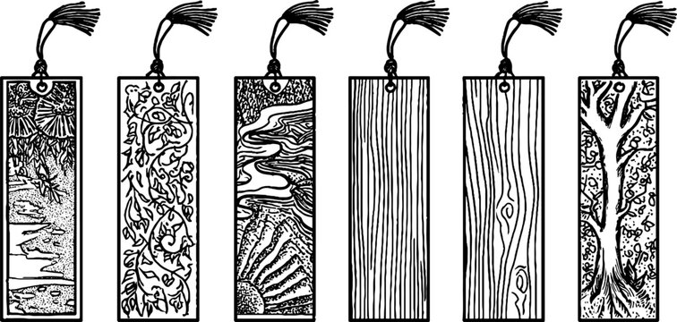 Vintage hand-drawn bookmark collection with tassel and nature designs for creative projects