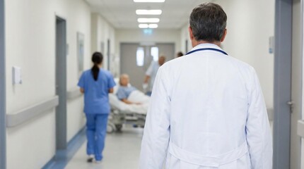 Fototapeta premium Rear view of a doctor in a white coat walking down a busy hospital corridor.