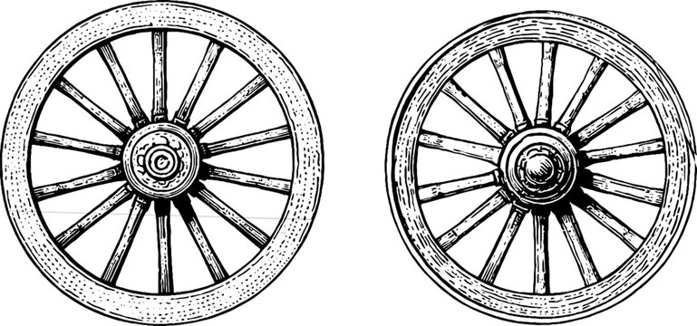 Vintage engraved illustration set of carriage wheel with hub and spoke design