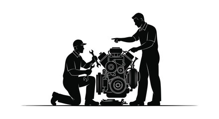 Two mechanics inspecting an engine one kneeling and one pointing presented as a striking silhouette on transparent background high quality professional © mrvect02