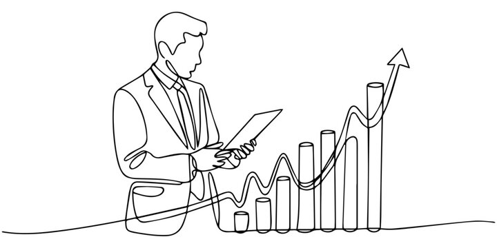 Businessman analyzing digital bar charts and growth trends, representing financial forecasting, KPI dashboards, and business performance analytics continuous one line drawing