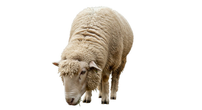 Isolated sheep stands with head lowered, feeding, domesticated animal with thick wool