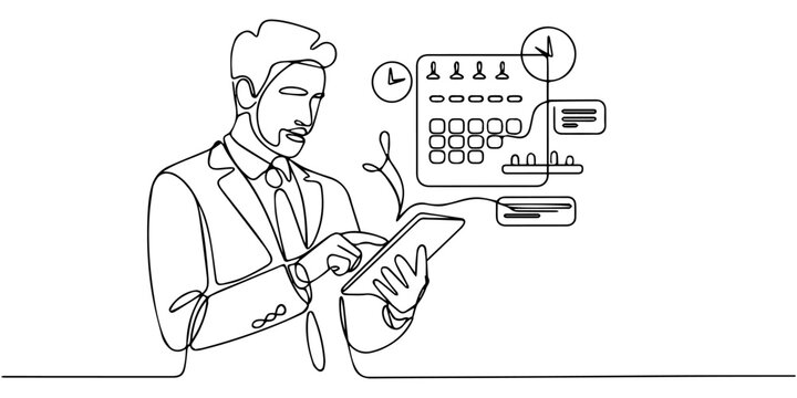 Businessman planning a schedule using a digital calendar with AI, representing smart scheduling, task automation, time management, project planning,  continuous one line drawing