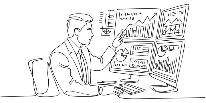 One continuous line drawing Businessman managing and assessing investment risks, focusing on risk control, forecasting, estimation, and financial strategy for effective business 