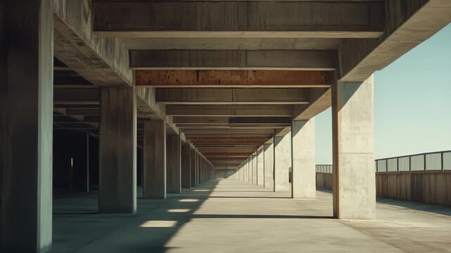 Concrete columns and beams creating a minimalist architectural design with industrial elements, long shadows falling on the ground and leading the eye along the symmetrical structure