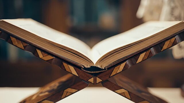 Open holy book on ornate wooden rehal stand