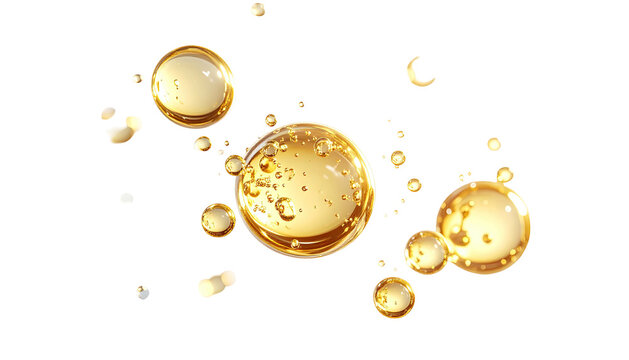 Golden liquid droplets floating against a black background