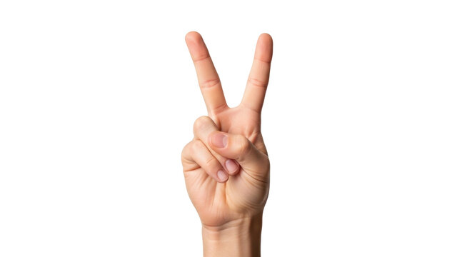Isolated hand gesture showing a peace or victory symbol on a clear backdrop in studio lighting