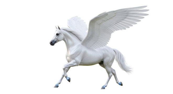 Isolated majestic white Pegasus gracefully walking on a vibrant green field, animal freedom
