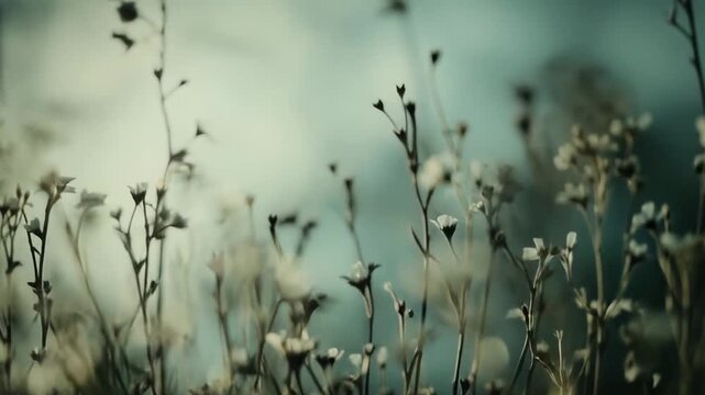 Delicate white wildflowers standing tall in a sunlit field, soft bokeh and gentle light creating a peaceful, dreamy natural background perfect for spring or summer themes