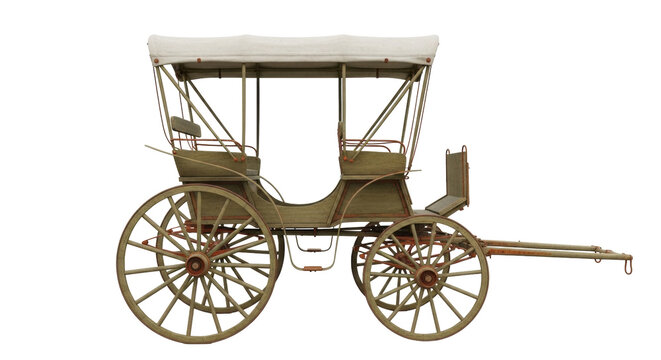 Isolated carriage with white canopy for horse-drawn transport in the 1800s, no horses present