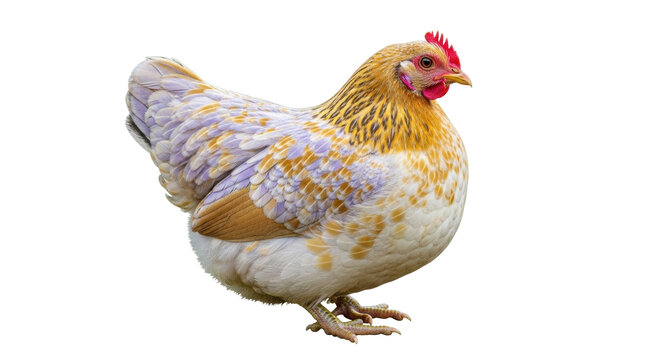 Isolated Ameraucana chicken is standing alert, showing its striking feather patterns.
