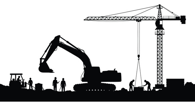 A black silhouette of a construction site featuring a crane excavator and workers on transparent background high quality professional detailed modern