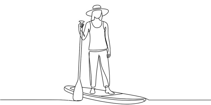 Continuous line drawing of a woman standing on a paddleboard with a paddle wearing a hat.